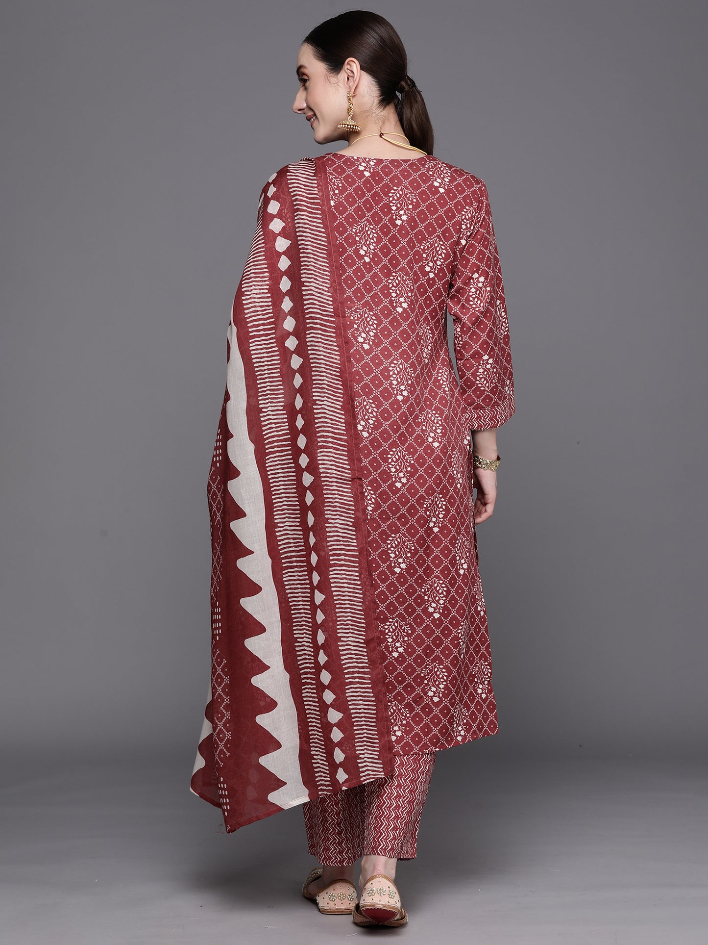 IE Mauve Printed Straight Kurta Trousers With Dupatta Set