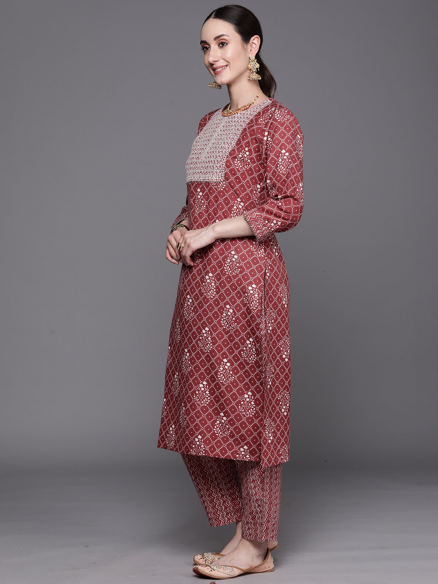 IE Mauve Printed Straight Kurta Trousers With Dupatta Set