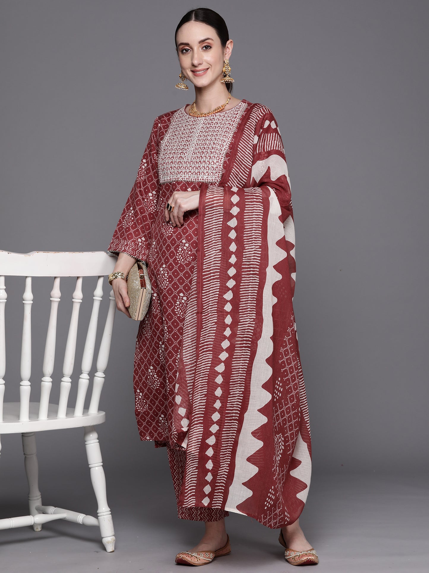 IE Mauve Printed Straight Kurta Trousers With Dupatta Set