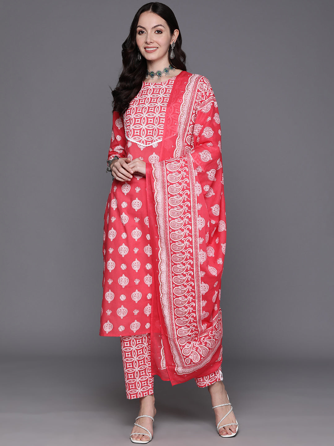 IE Pink Printed Straight Kurta Trousers With Dupatta Set