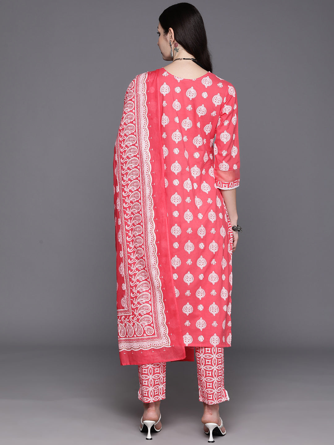 IE Pink Printed Straight Kurta Trousers With Dupatta Set