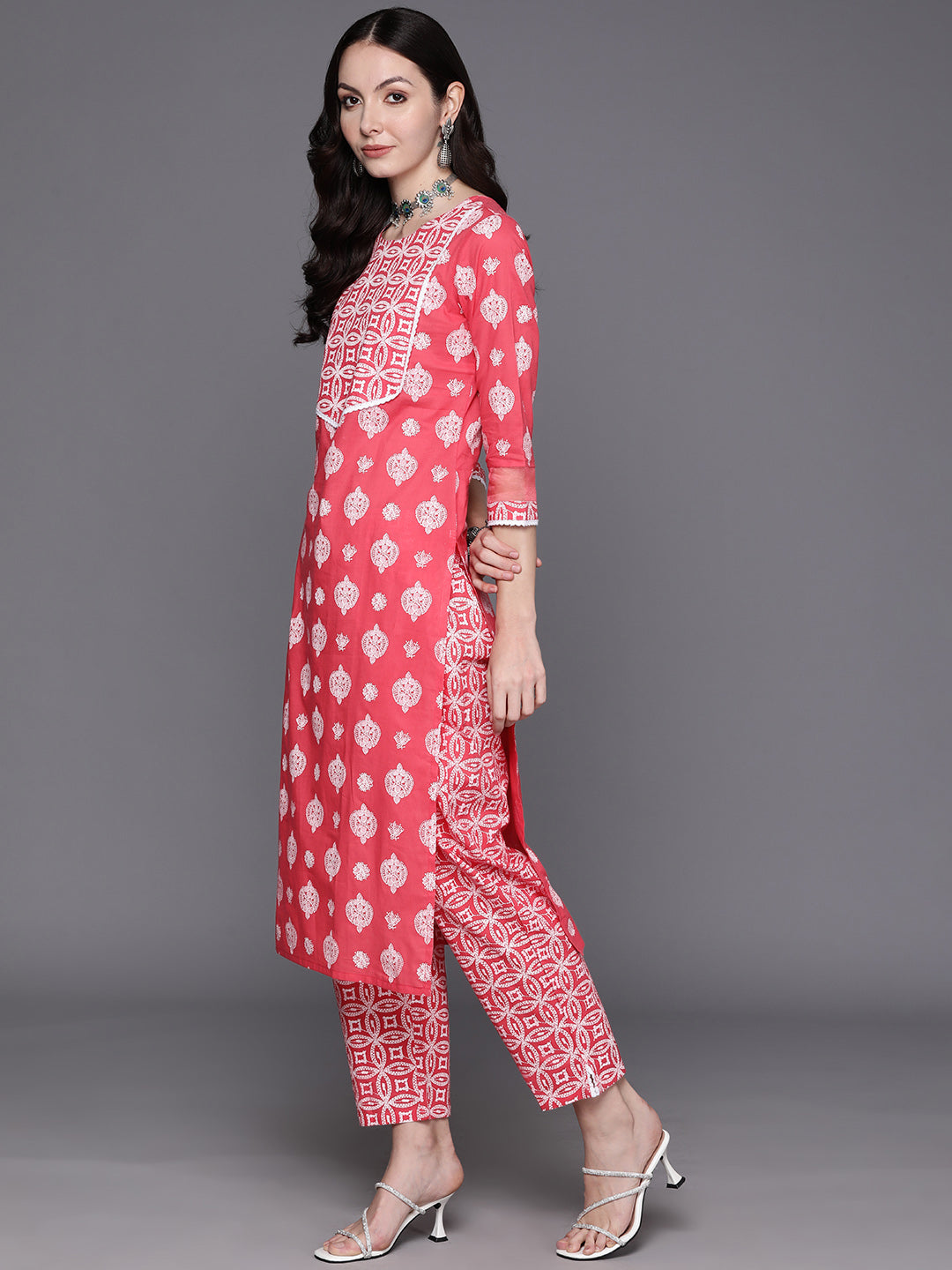 IE Pink Printed Straight Kurta Trousers With Dupatta Set