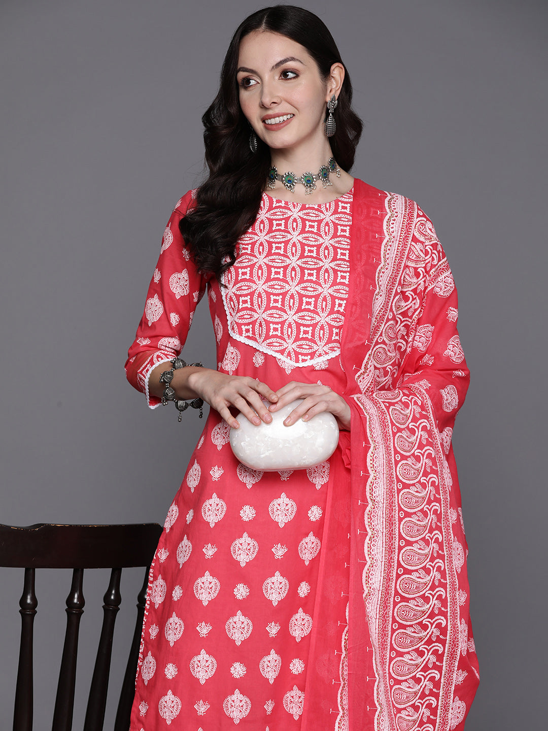 IE Pink Printed Straight Kurta Trousers With Dupatta Set