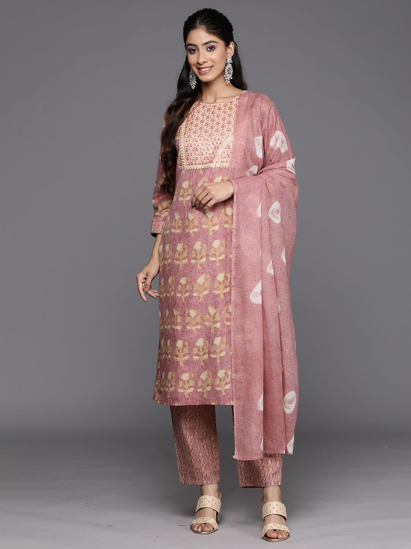 IE Pink Printed Straight Kurta Trousers With Dupatta Set