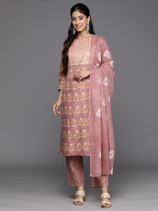 IE Pink Printed Straight Kurta Trousers With Dupatta Set