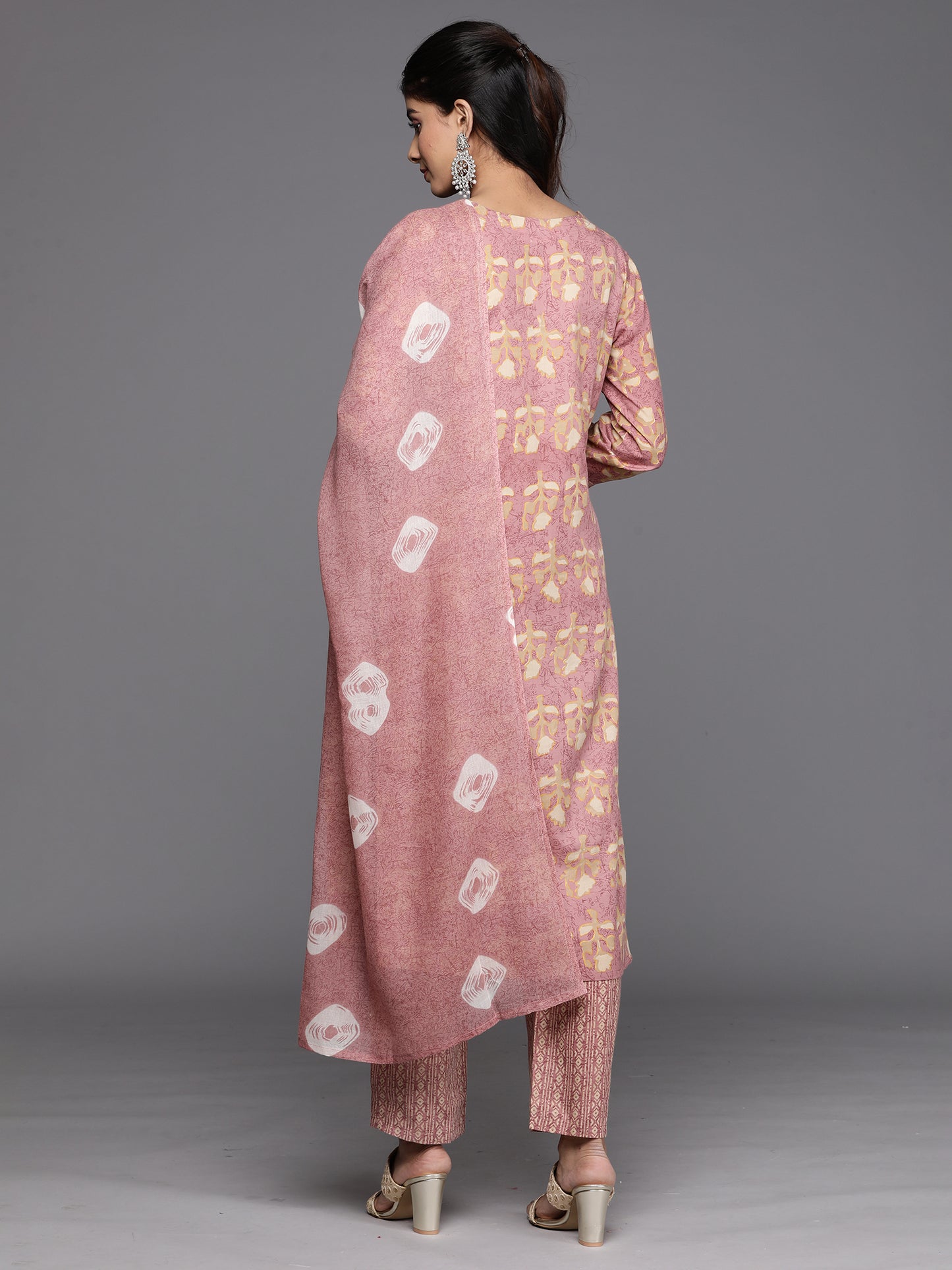 IE Pink Printed Straight Kurta Trousers With Dupatta Set