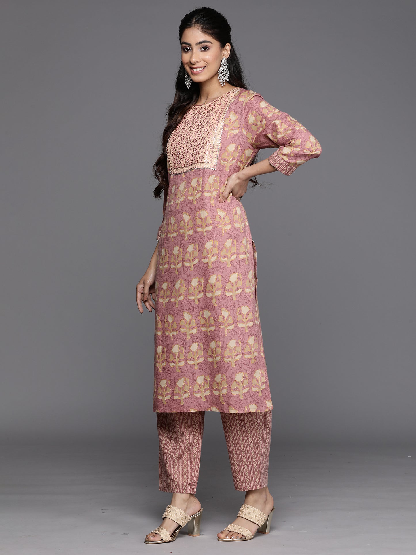 IE Pink Printed Straight Kurta Trousers With Dupatta Set