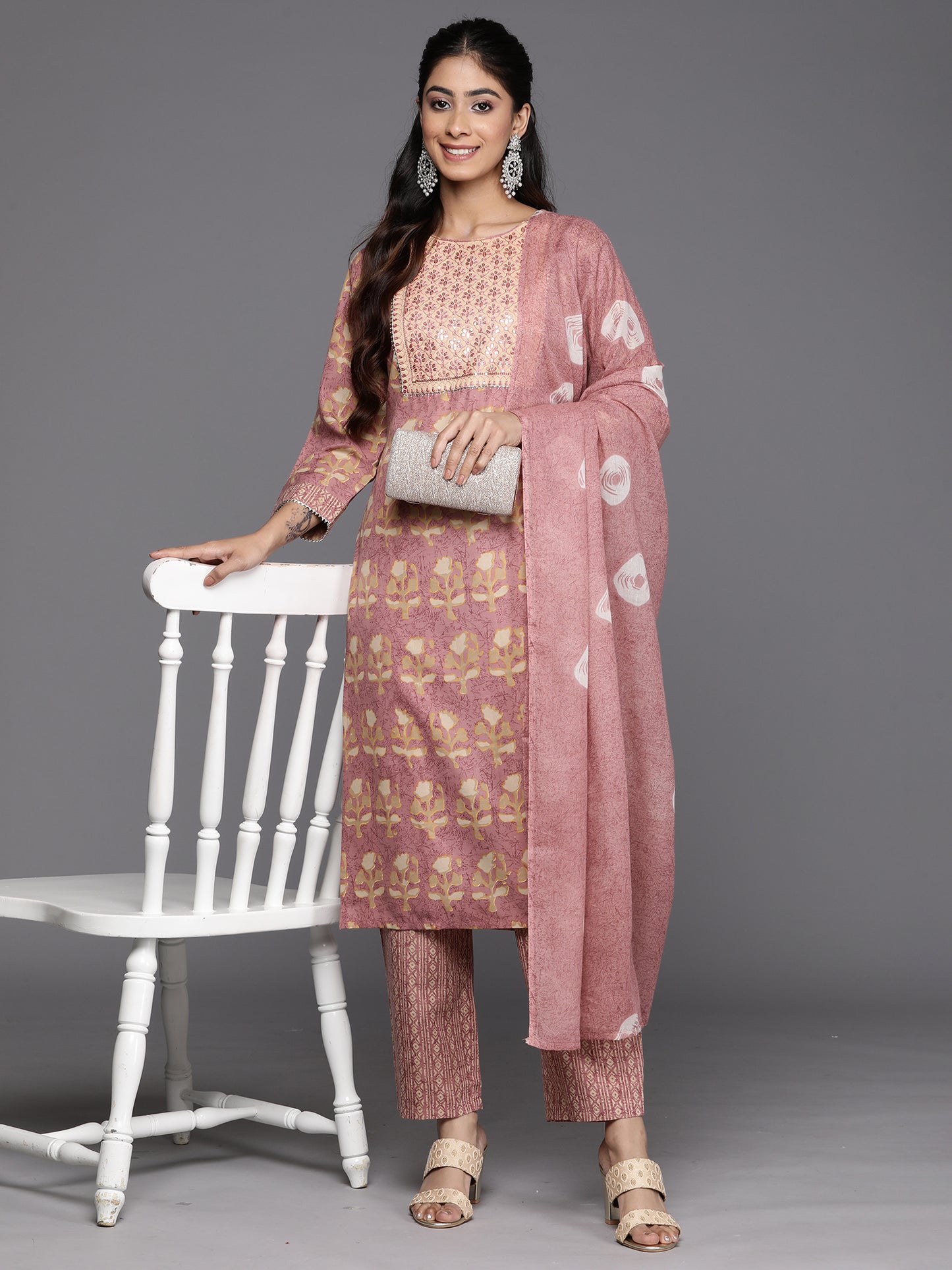 IE Pink Printed Straight Kurta Trousers With Dupatta Set