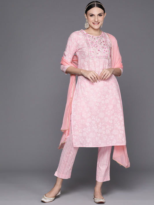 IE Pink Embroidered Straight Kurta Trousers With Dupatta Set