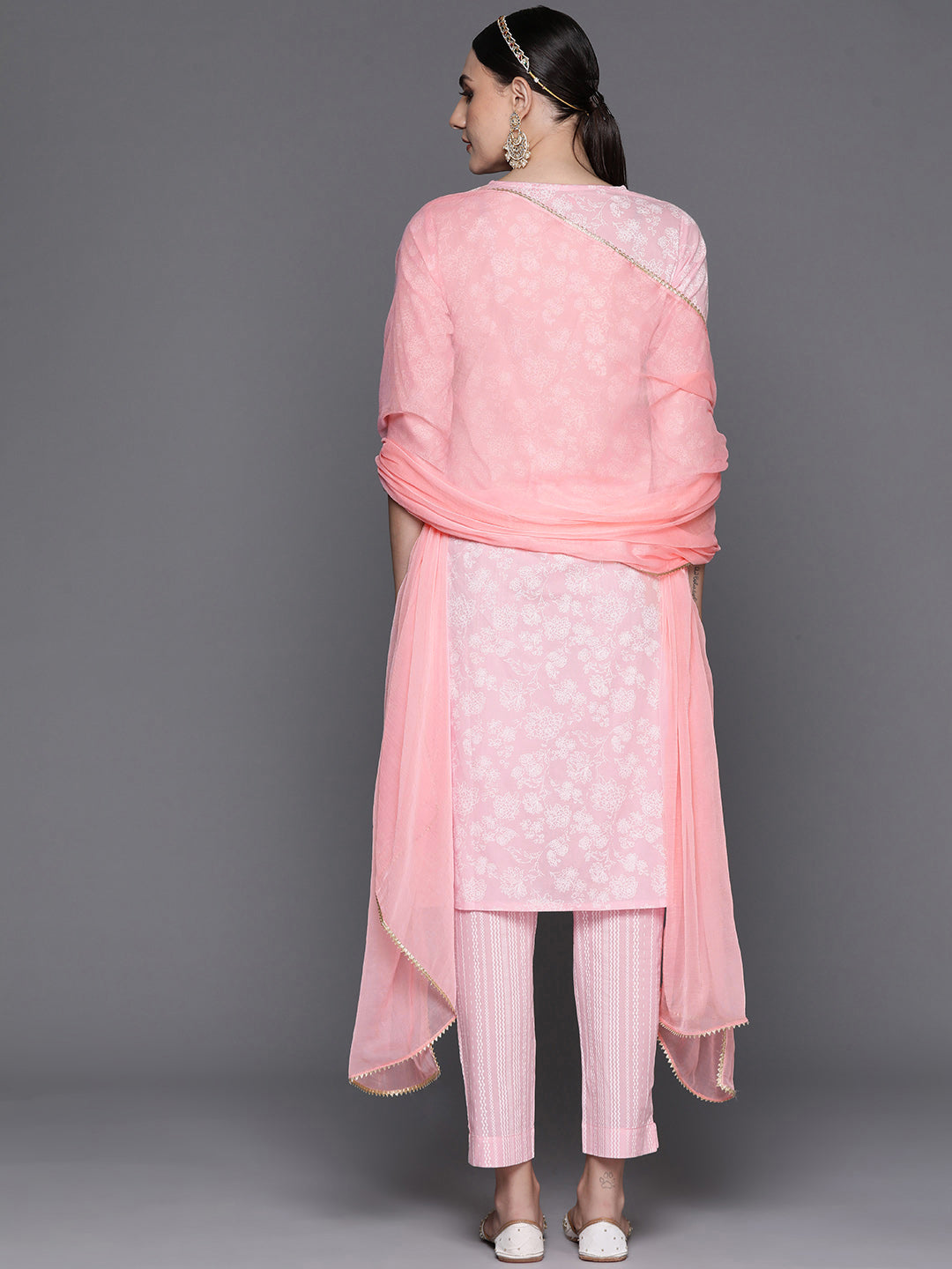 IE Pink Embroidered Straight Kurta Trousers With Dupatta Set