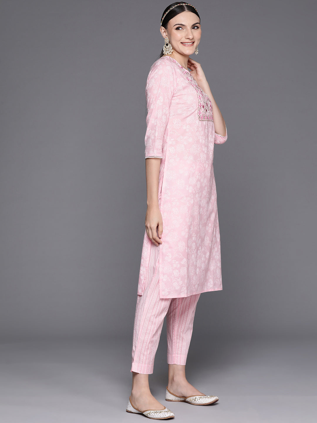 IE Pink Embroidered Straight Kurta Trousers With Dupatta Set