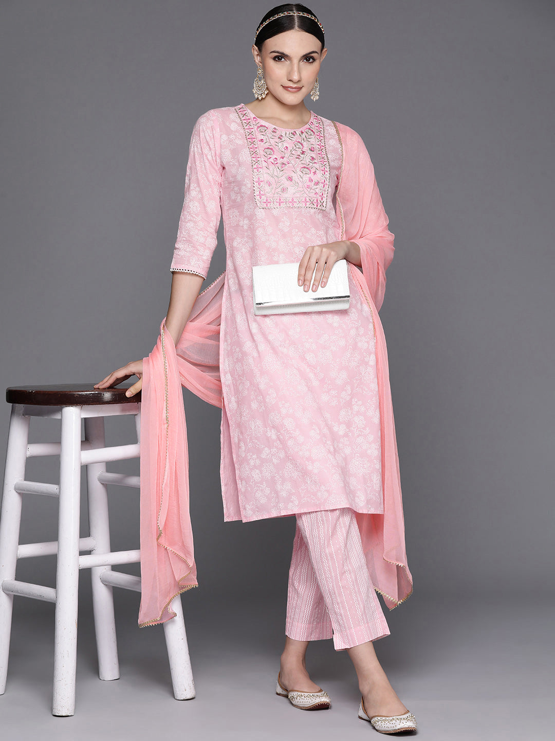 IE Pink Embroidered Straight Kurta Trousers With Dupatta Set