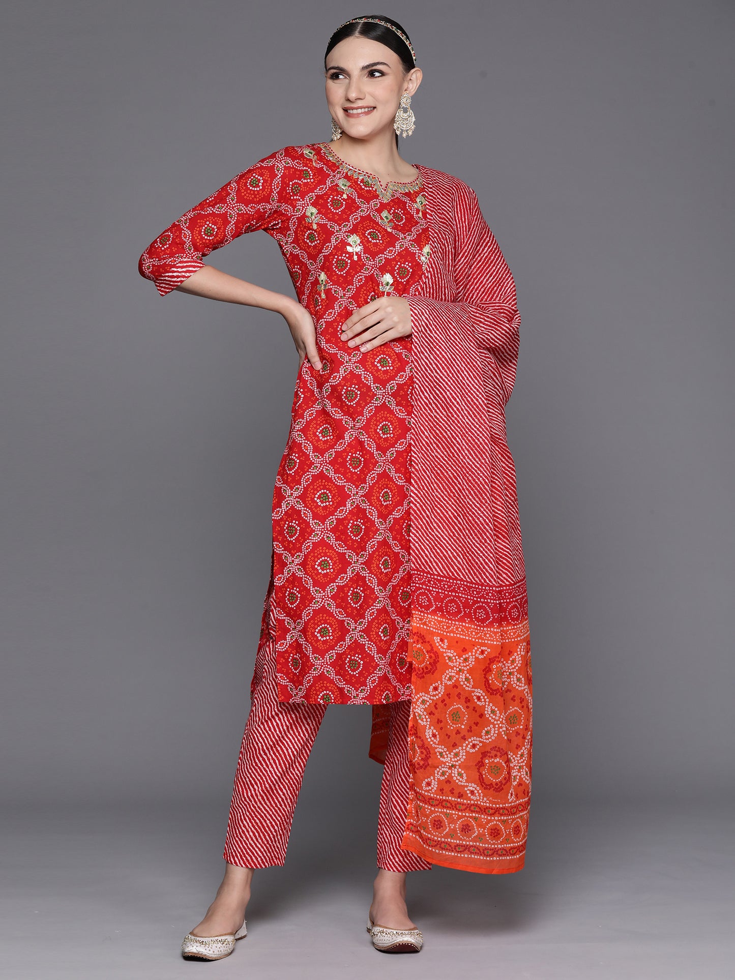 IE Red Printed Straight Kurta Trousers With Dupatta Set