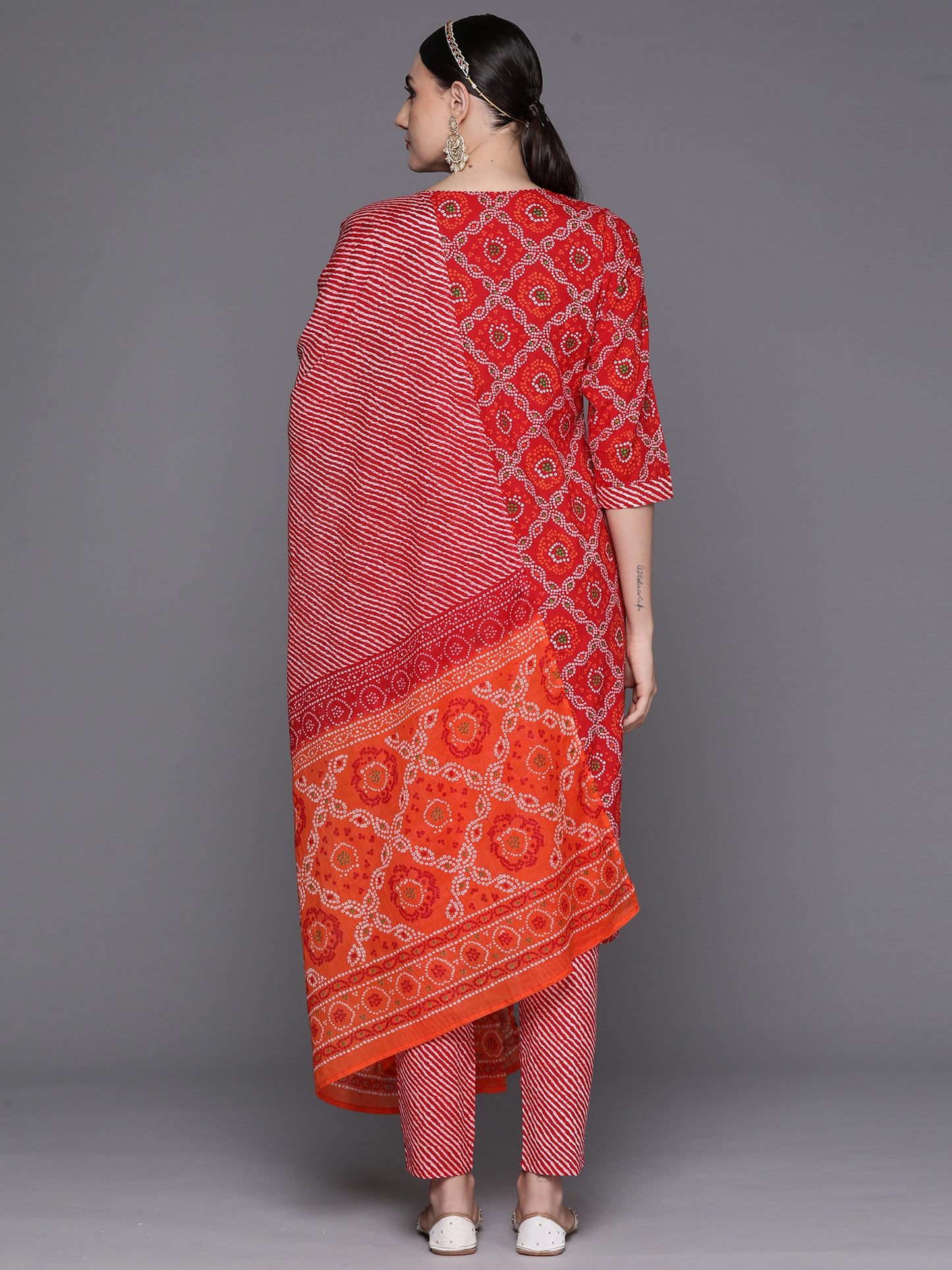 IE Red Printed Straight Kurta Trousers With Dupatta Set