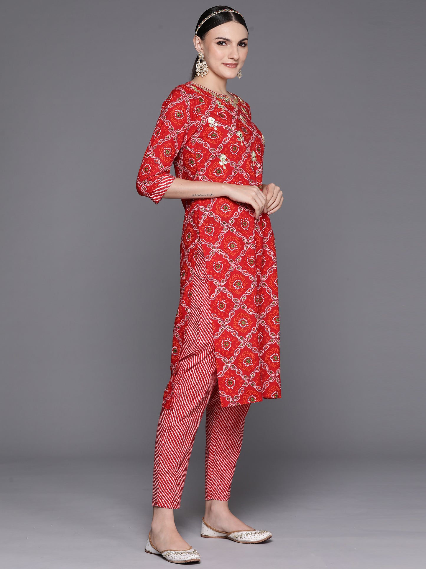 IE Red Printed Straight Kurta Trousers With Dupatta Set