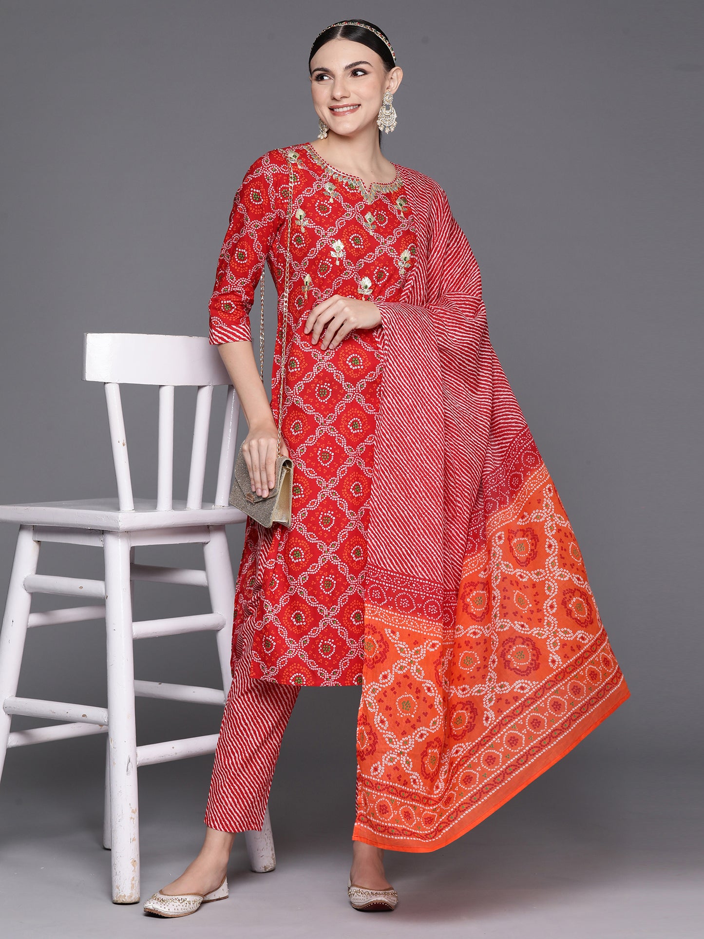 IE Red Printed Straight Kurta Trousers With Dupatta Set