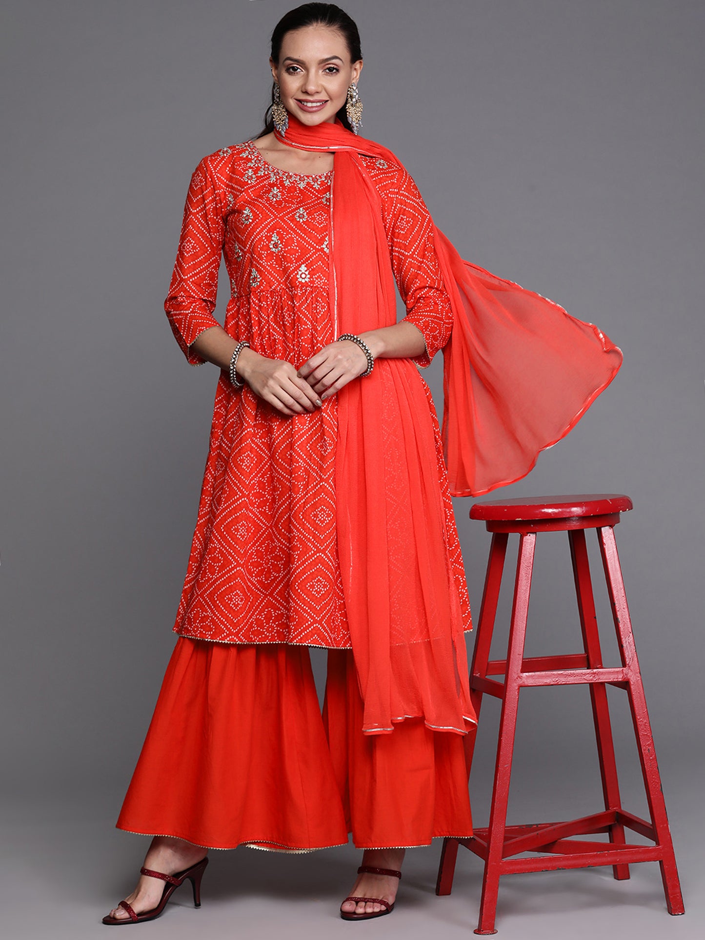 IE Red Sequinced A-line Kurta Sharara With Dupatta Set