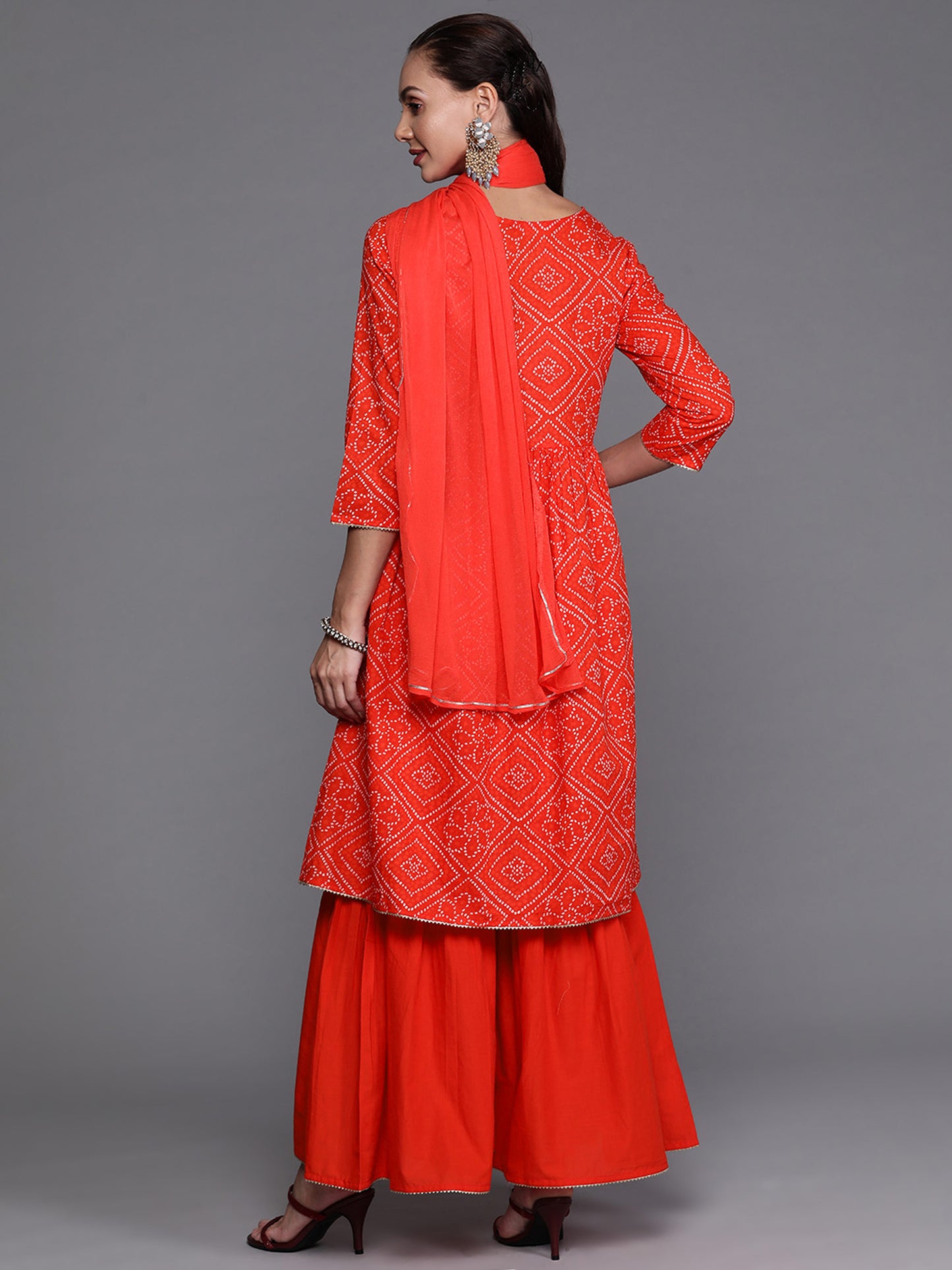 IE Red Sequinced A-line Kurta Sharara With Dupatta Set