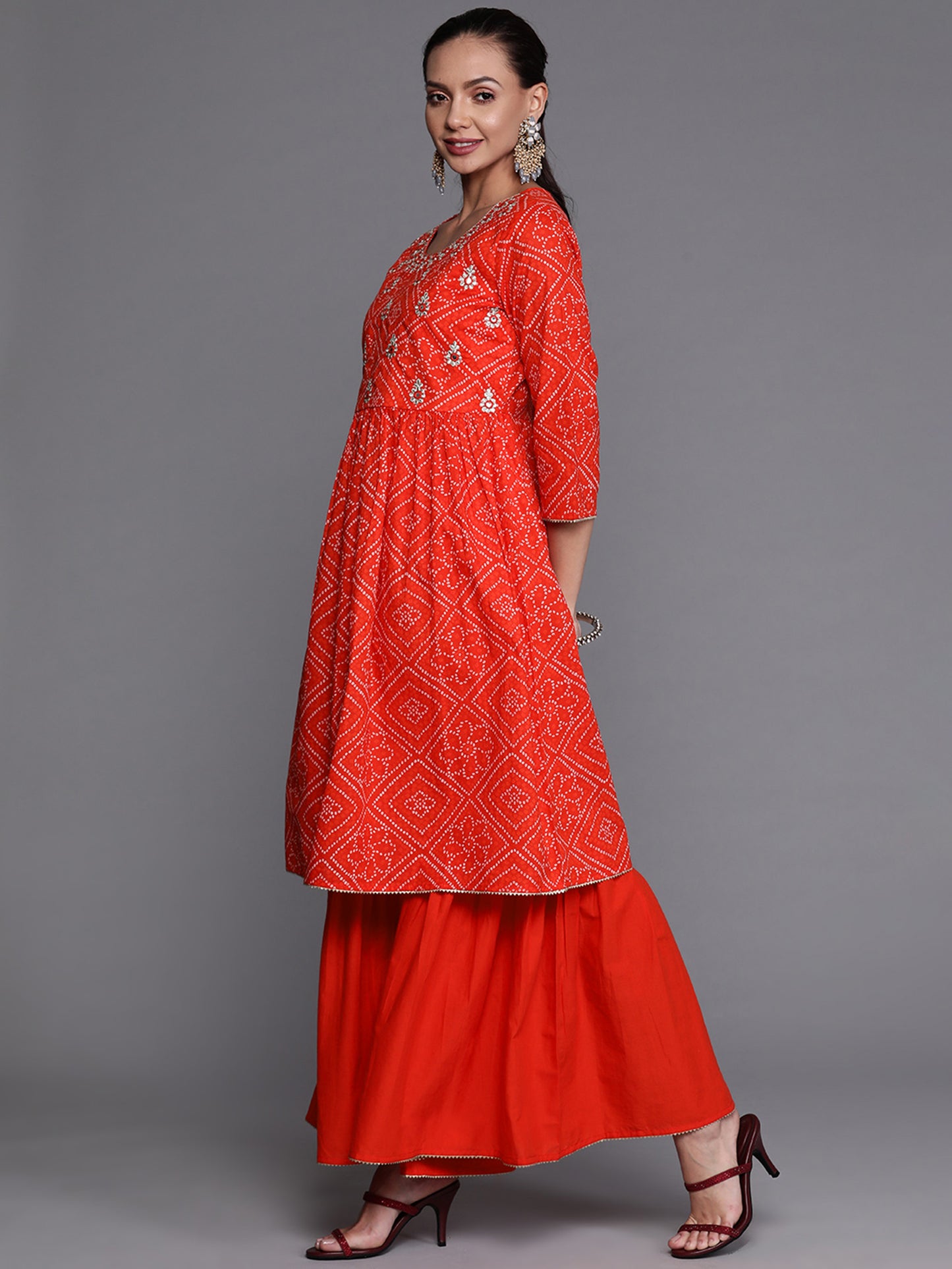 IE Red Sequinced A-line Kurta Sharara With Dupatta Set