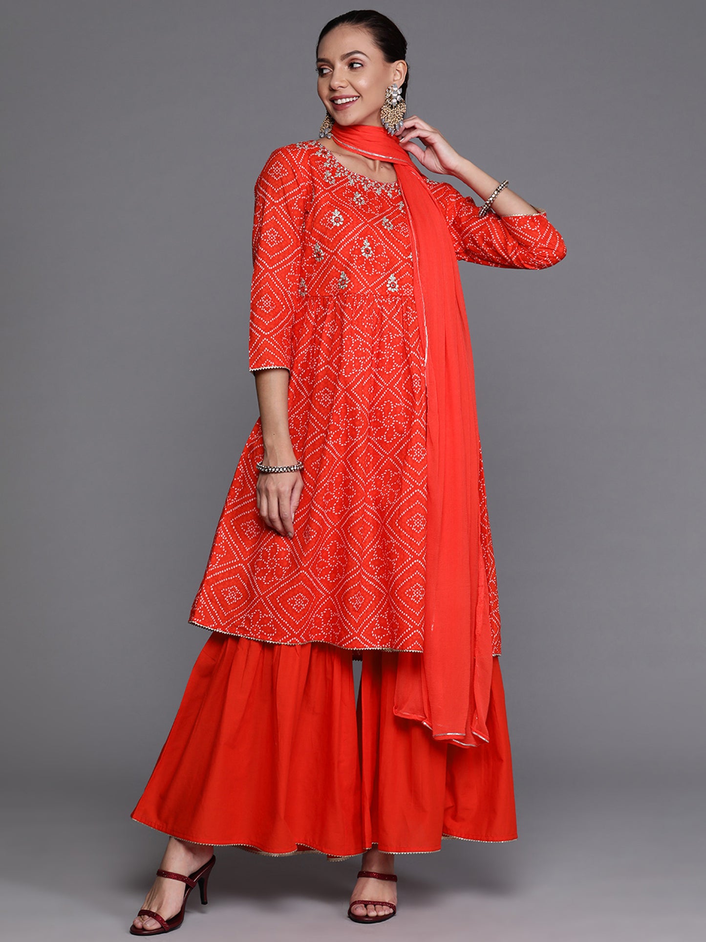 IE Red Sequinced A-line Kurta Sharara With Dupatta Set