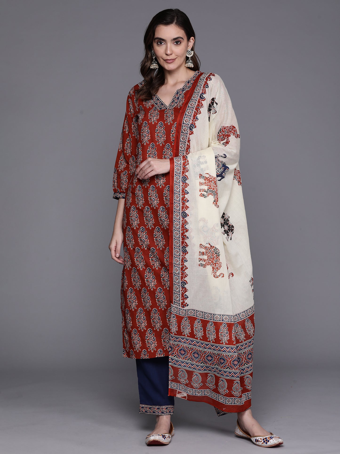 IE Rust Printed Straight Kurta Trousers With Dupatta Set