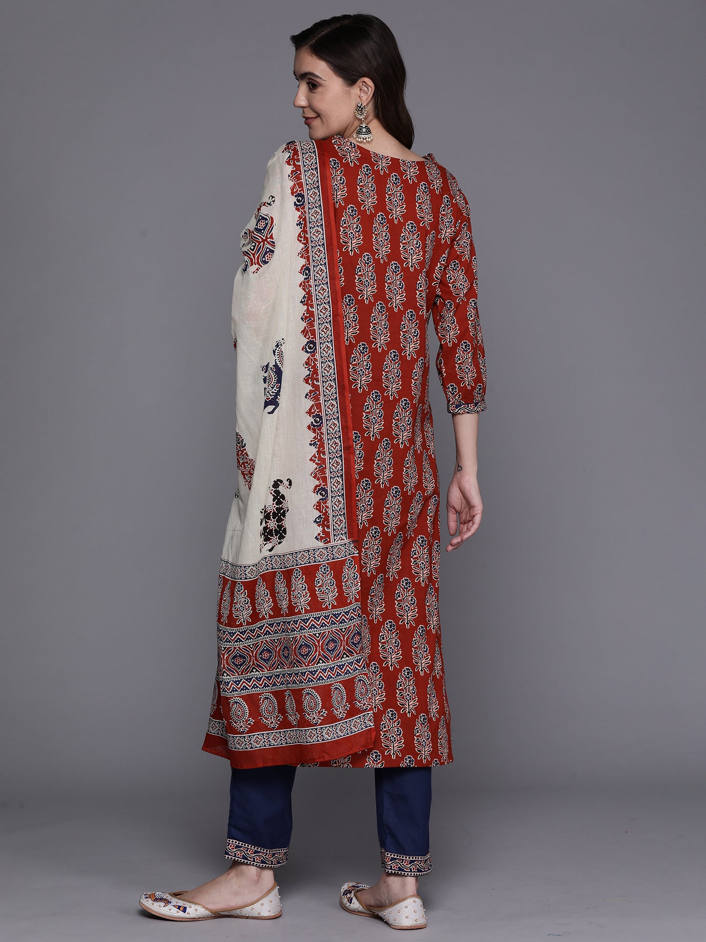 IE Rust Printed Straight Kurta Trousers With Dupatta Set