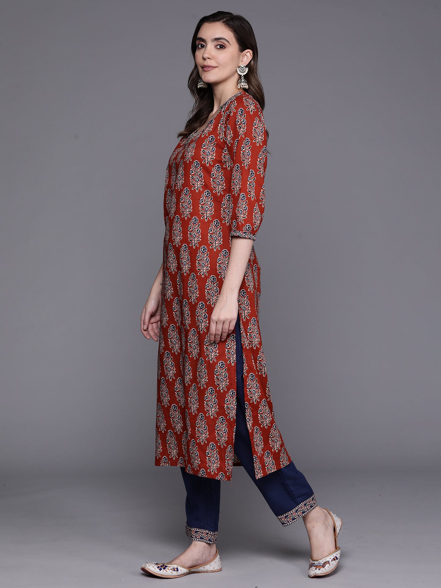 IE Rust Printed Straight Kurta Trousers With Dupatta Set