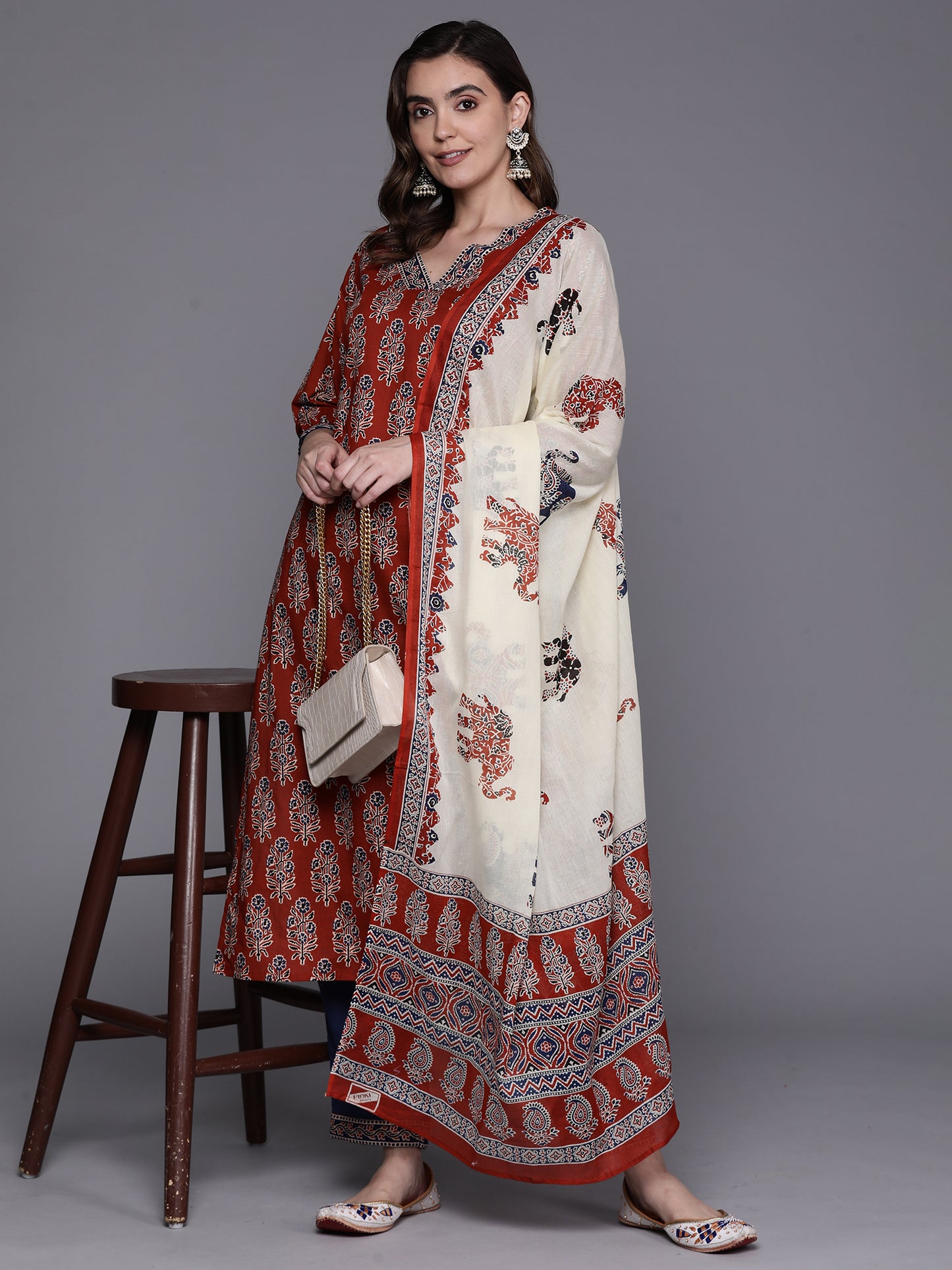 IE Rust Printed Straight Kurta Trousers With Dupatta Set