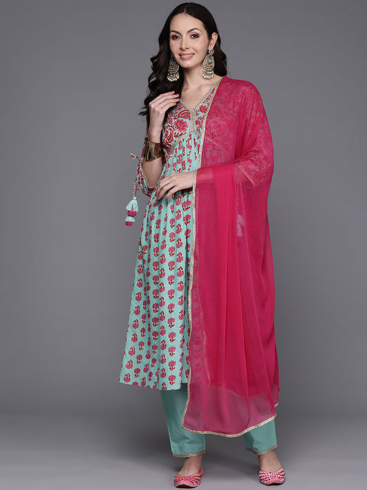 IE Sea Green Printed A-Line Kurta Trousers With Dupatta Set