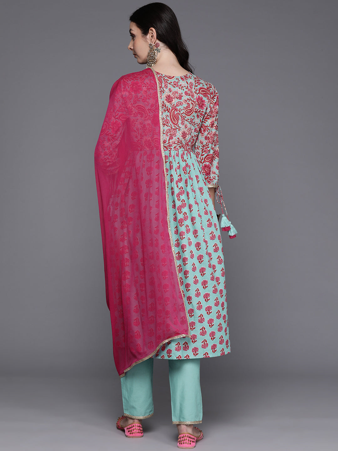 IE Sea Green Printed A-Line Kurta Trousers With Dupatta Set