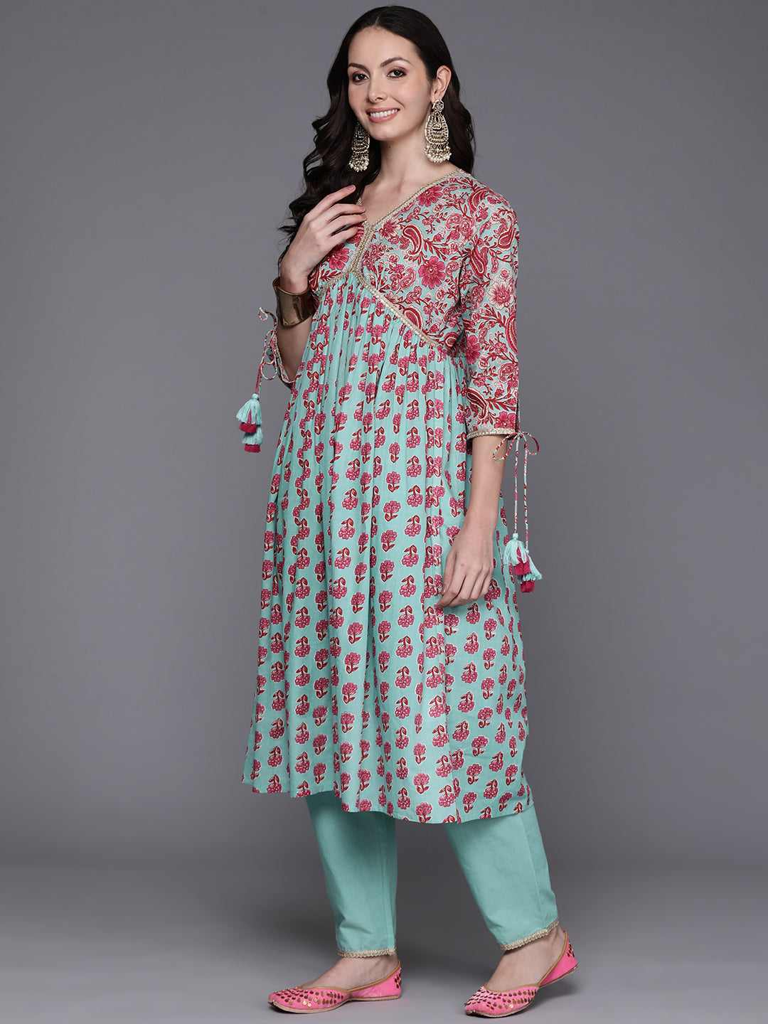 IE Sea Green Printed A-Line Kurta Trousers With Dupatta Set