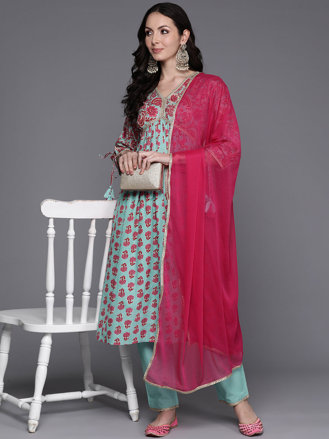 IE Sea Green Printed A-Line Kurta Trousers With Dupatta Set