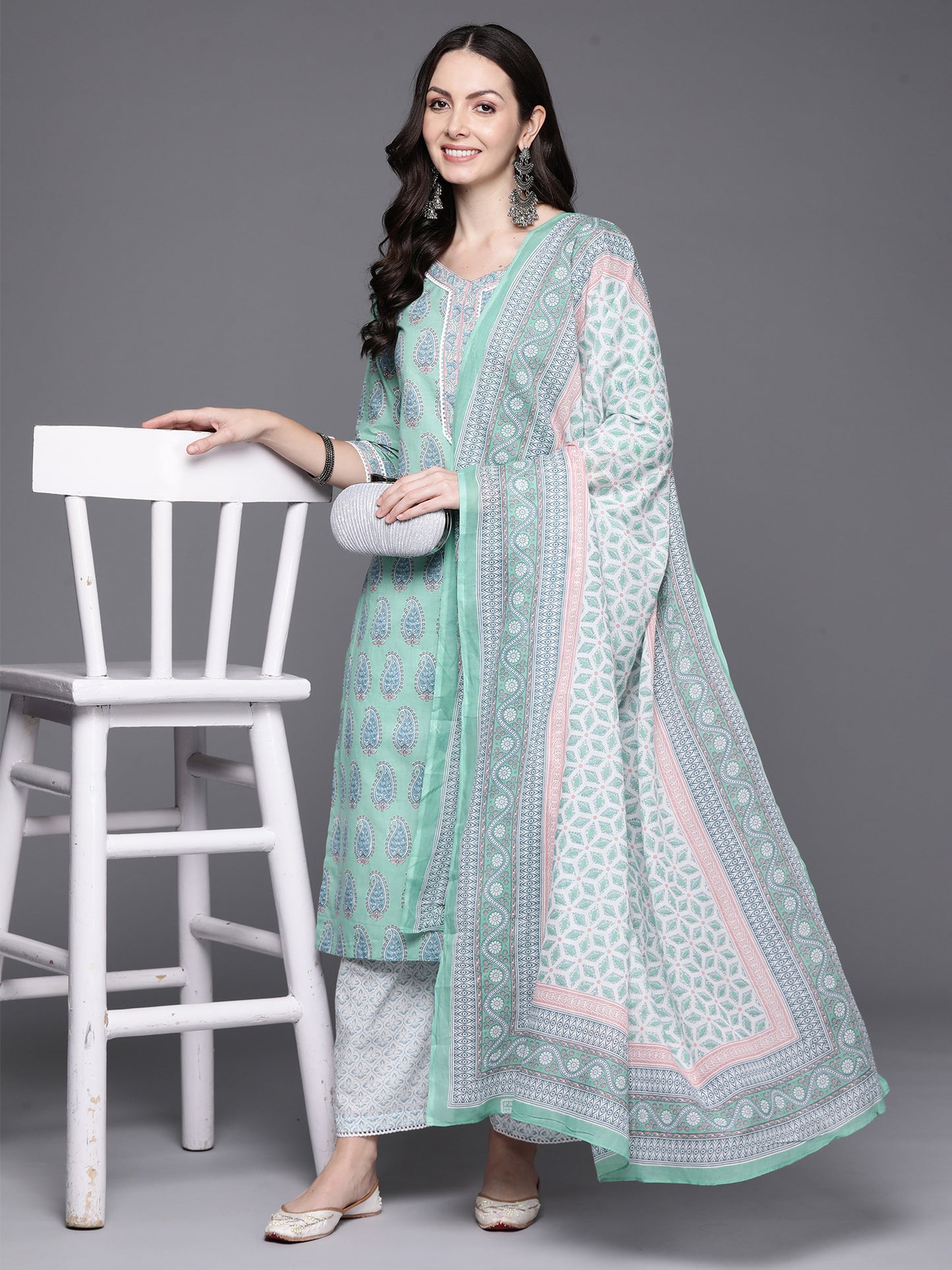 IE Sea Green Printed Straight Kurta Palazzos With Dupatta Set