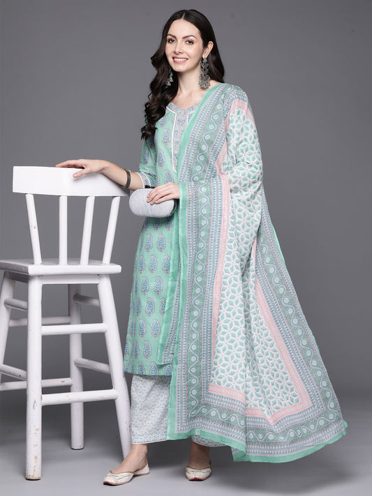 IE Sea Green Printed Straight Kurta Palazzos With Dupatta Set