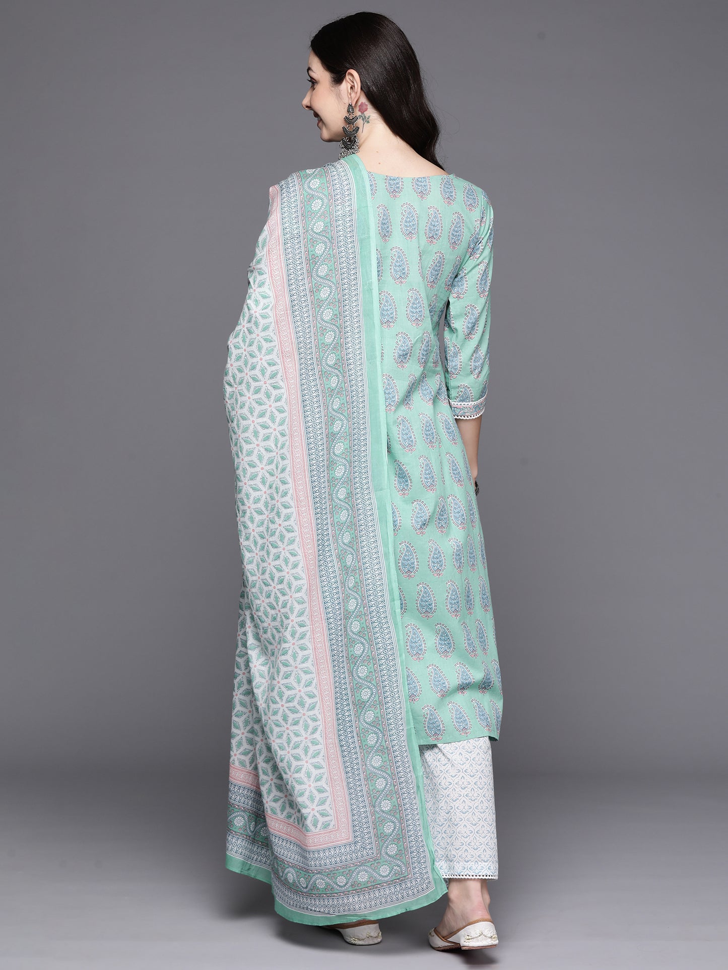 IE Sea Green Printed Straight Kurta Palazzos With Dupatta Set