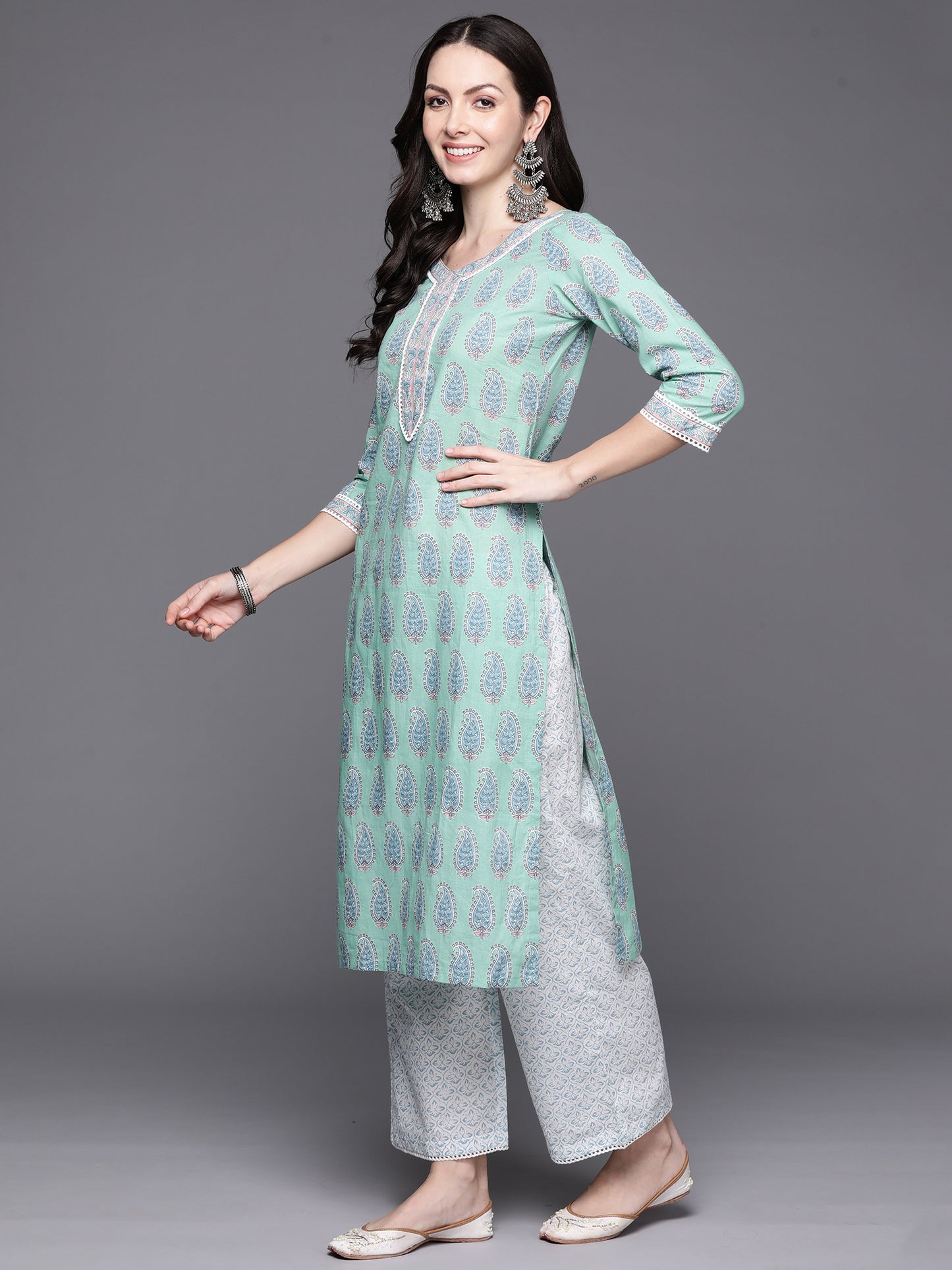 IE Sea Green Printed Straight Kurta Palazzos With Dupatta Set