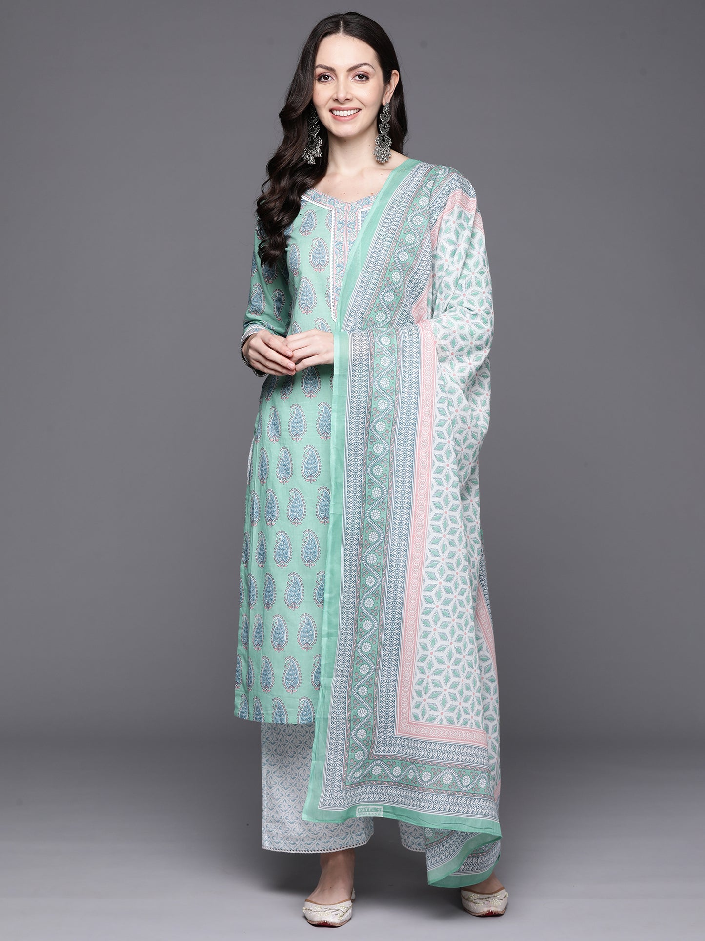 IE Sea Green Printed Straight Kurta Palazzos With Dupatta Set