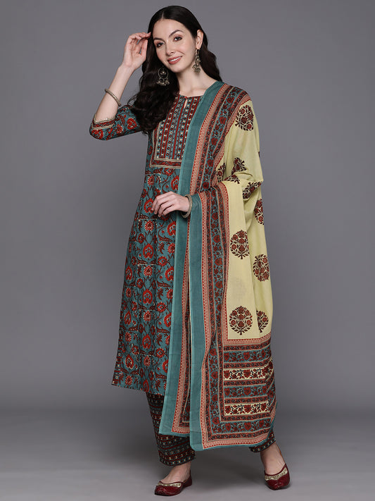 IE Teal Printed Straight Kurta Trousers With Dupatta Set