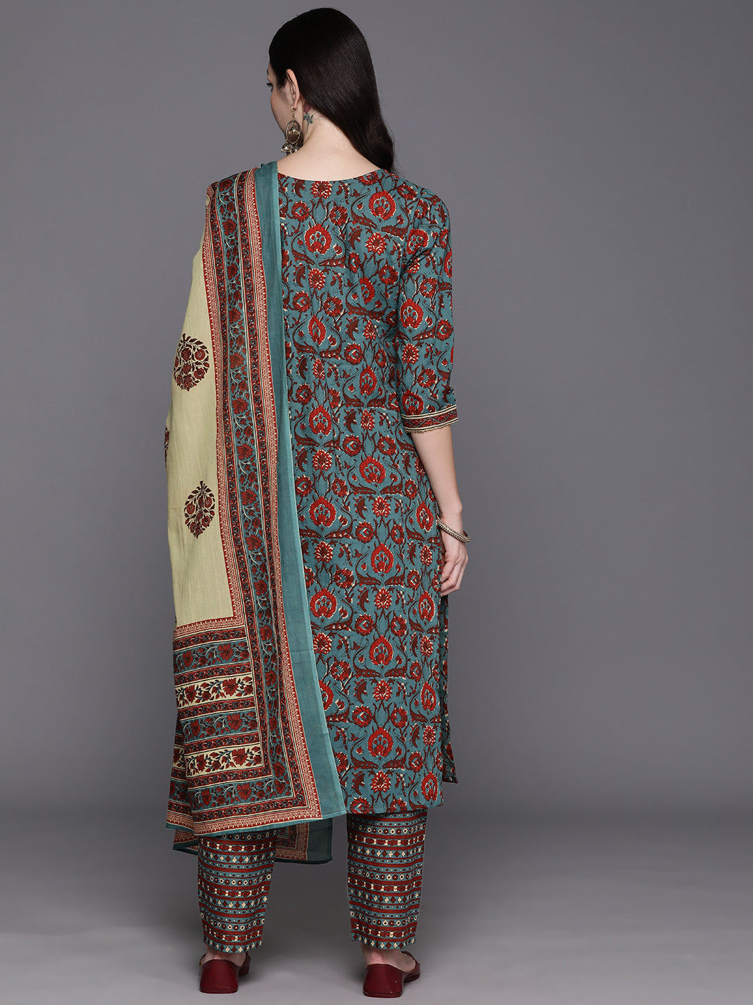 IE Teal Printed Straight Kurta Trousers With Dupatta Set