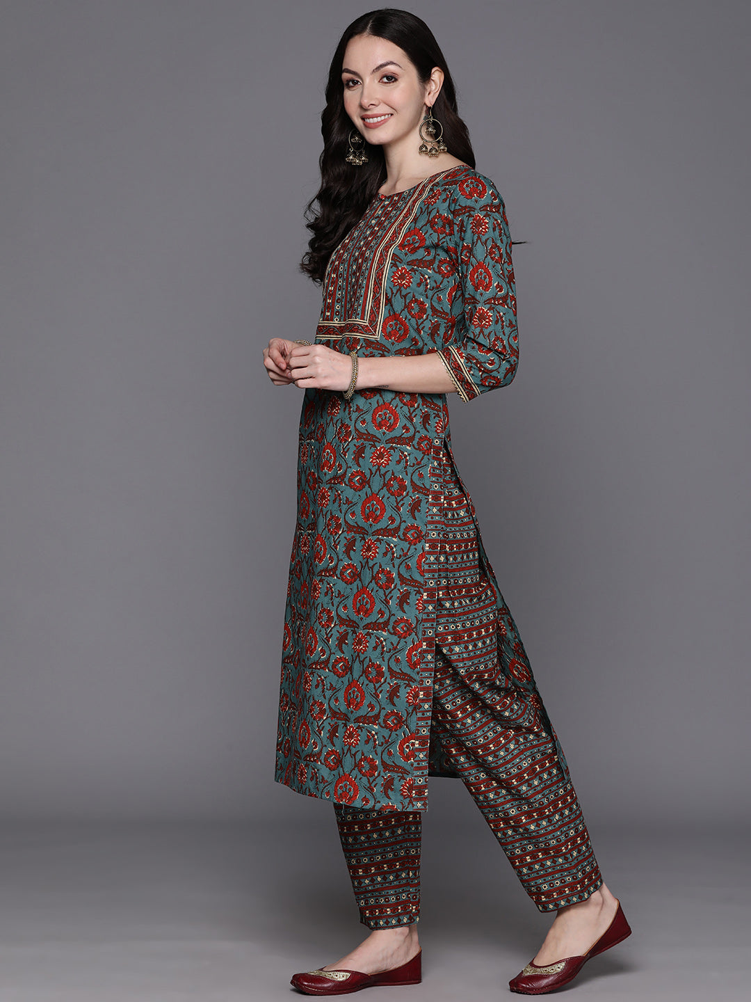 IE Teal Printed Straight Kurta Trousers With Dupatta Set