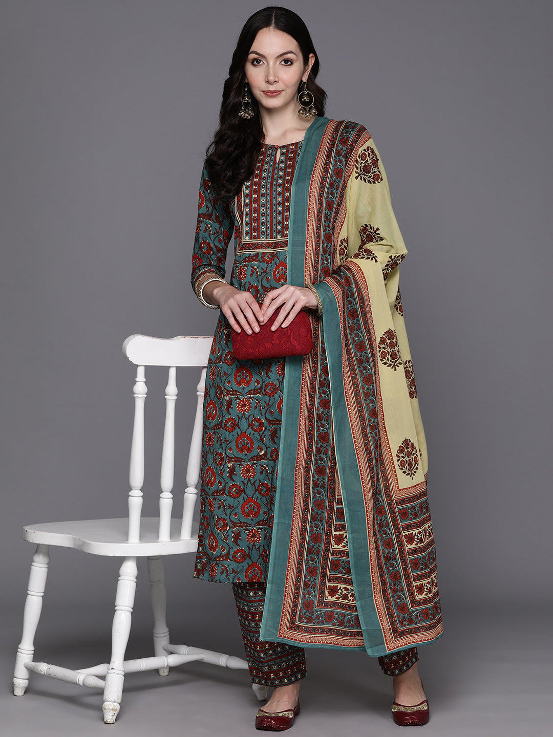 IE Teal Printed Straight Kurta Trousers With Dupatta Set