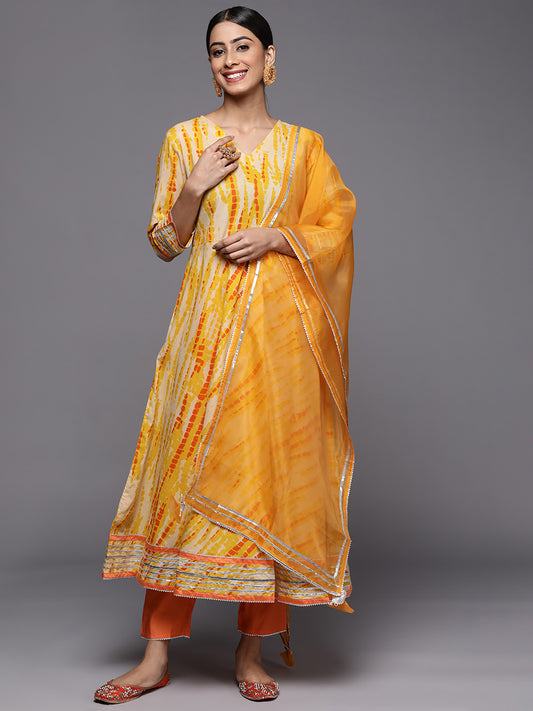 IE Yellow Tie & Dye A-Line Kurta Trouser With Dupatta Set