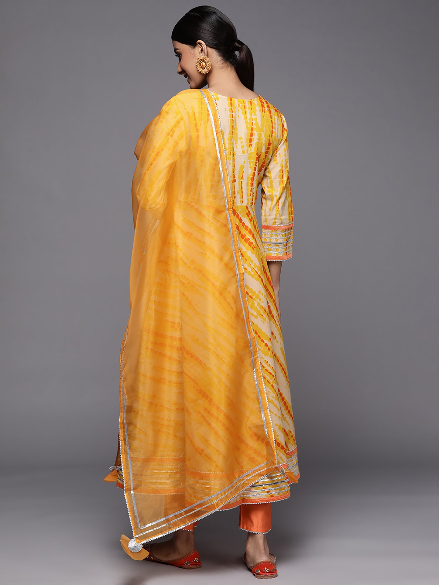 IE Yellow Tie & Dye A-Line Kurta Trouser With Dupatta Set