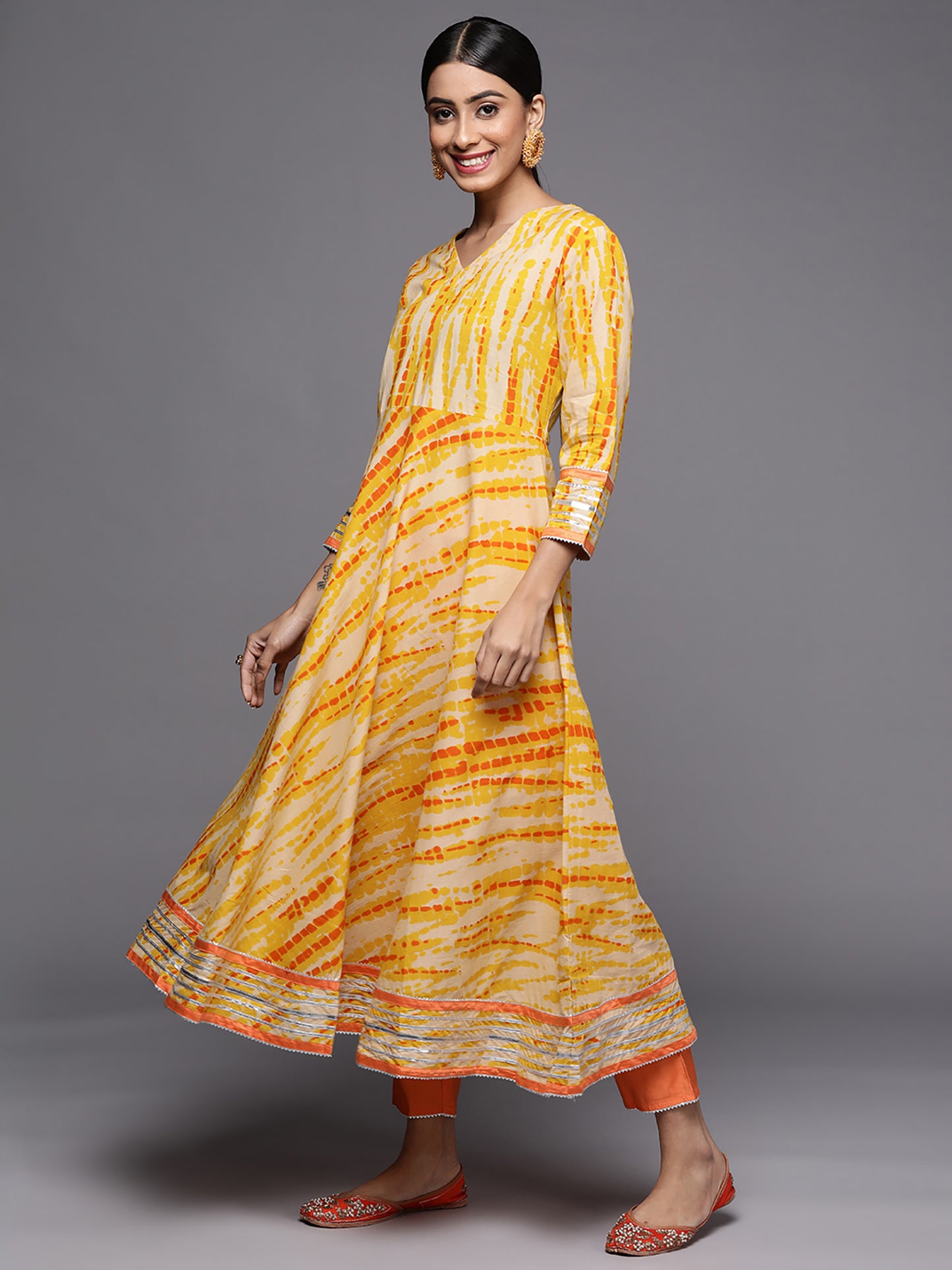 IE Yellow Tie & Dye A-Line Kurta Trouser With Dupatta Set