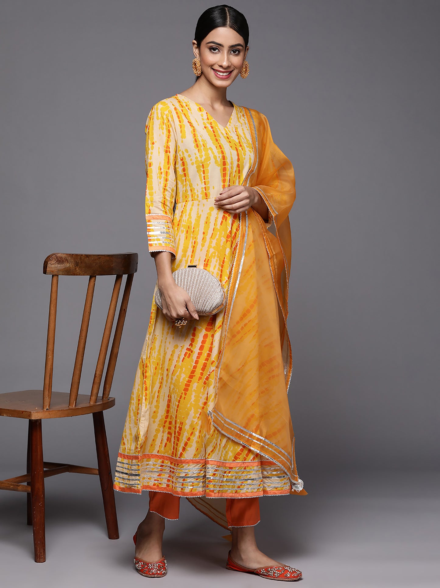 IE Yellow Tie & Dye A-Line Kurta Trouser With Dupatta Set