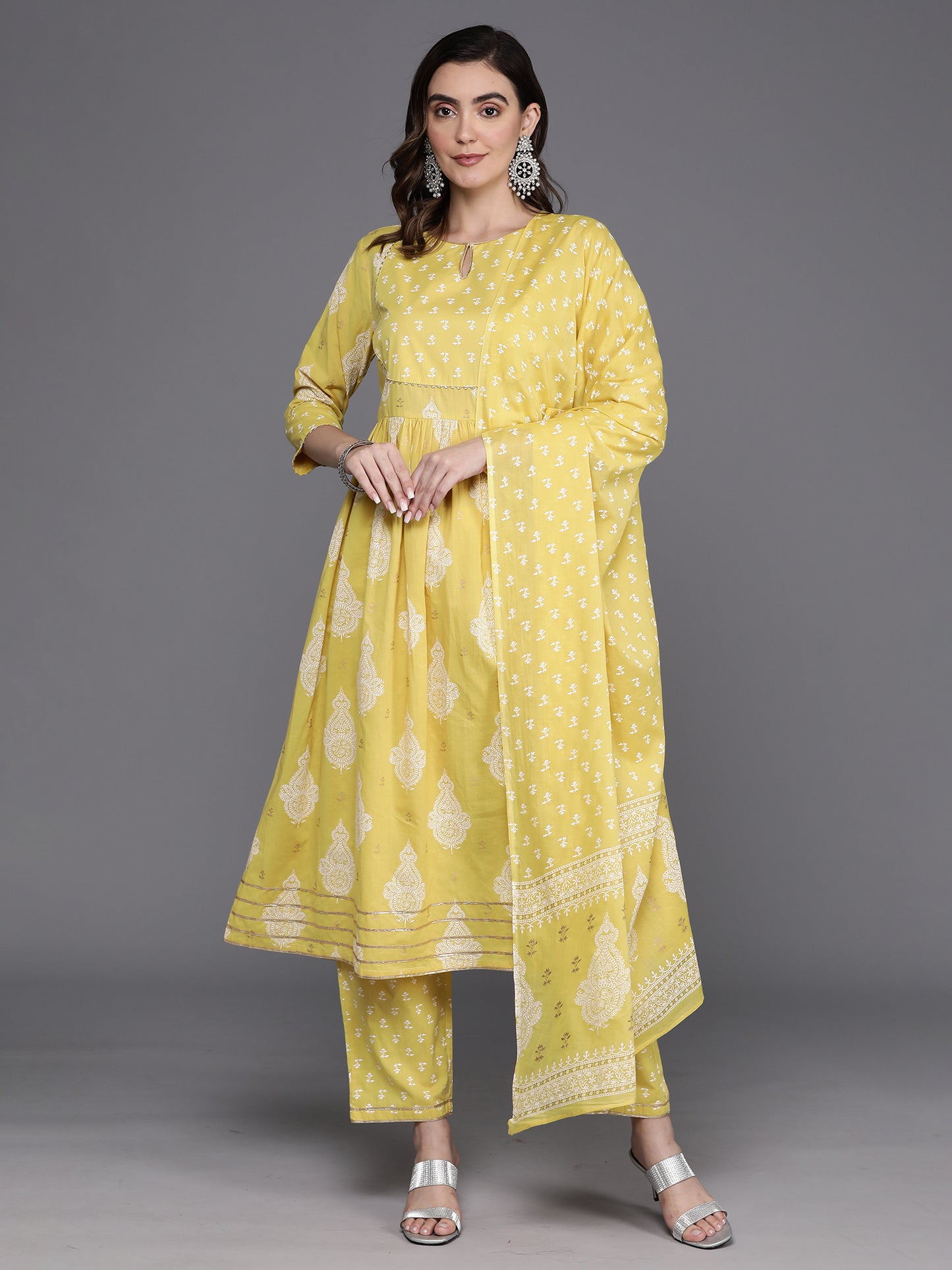 IE Yellow Printed A-Line Kurta Trousers With Dupatta Set