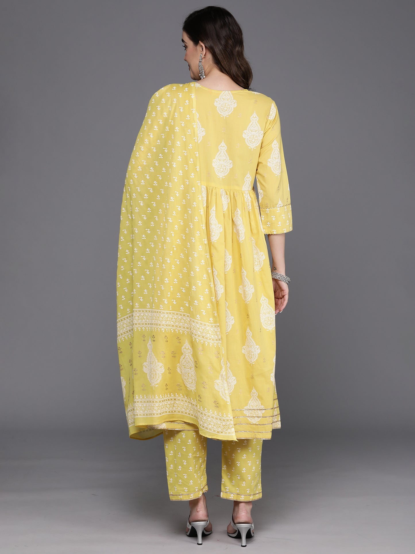 IE Yellow Printed A-Line Kurta Trousers With Dupatta Set