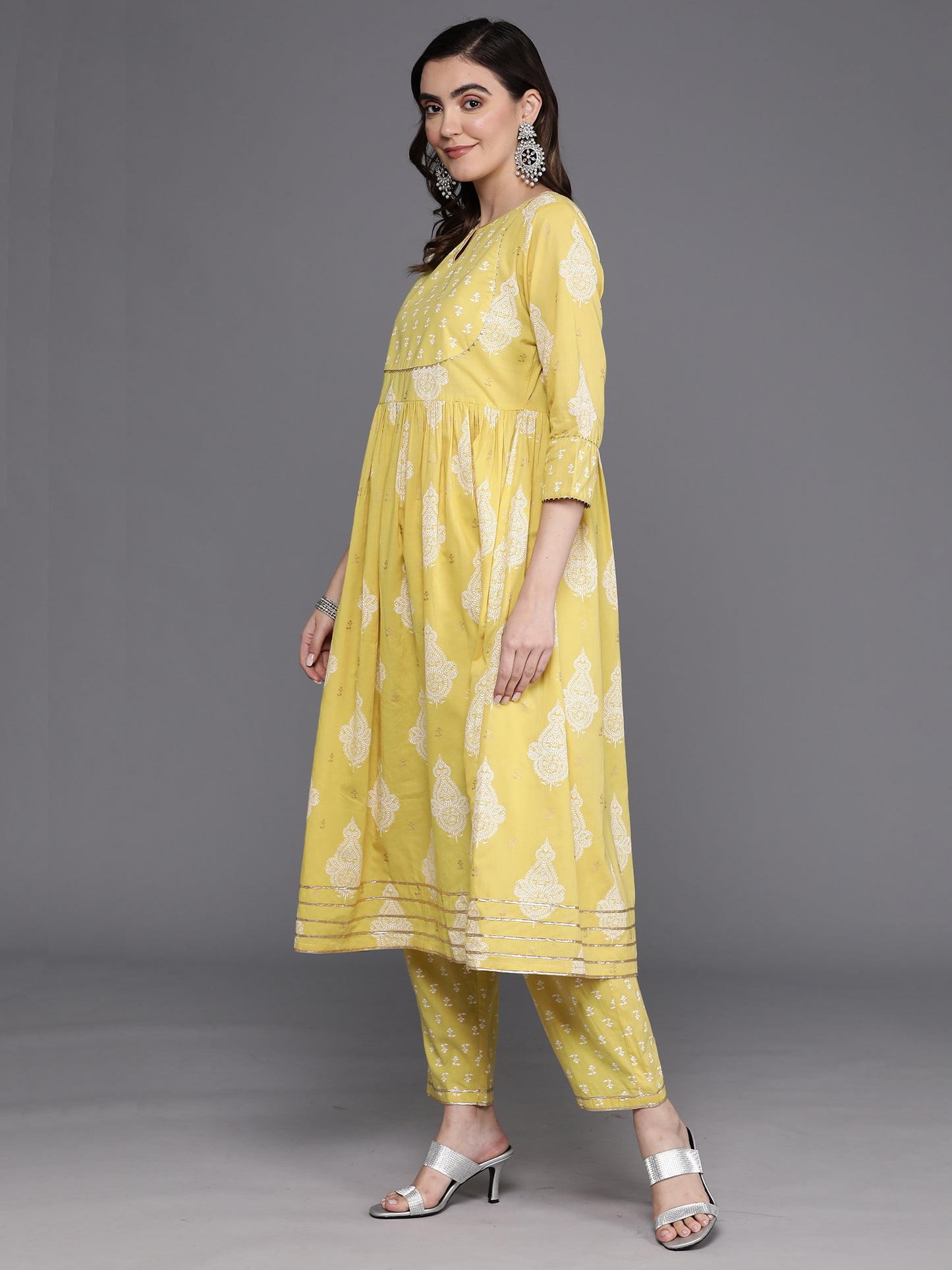 IE Yellow Printed A-Line Kurta Trousers With Dupatta Set