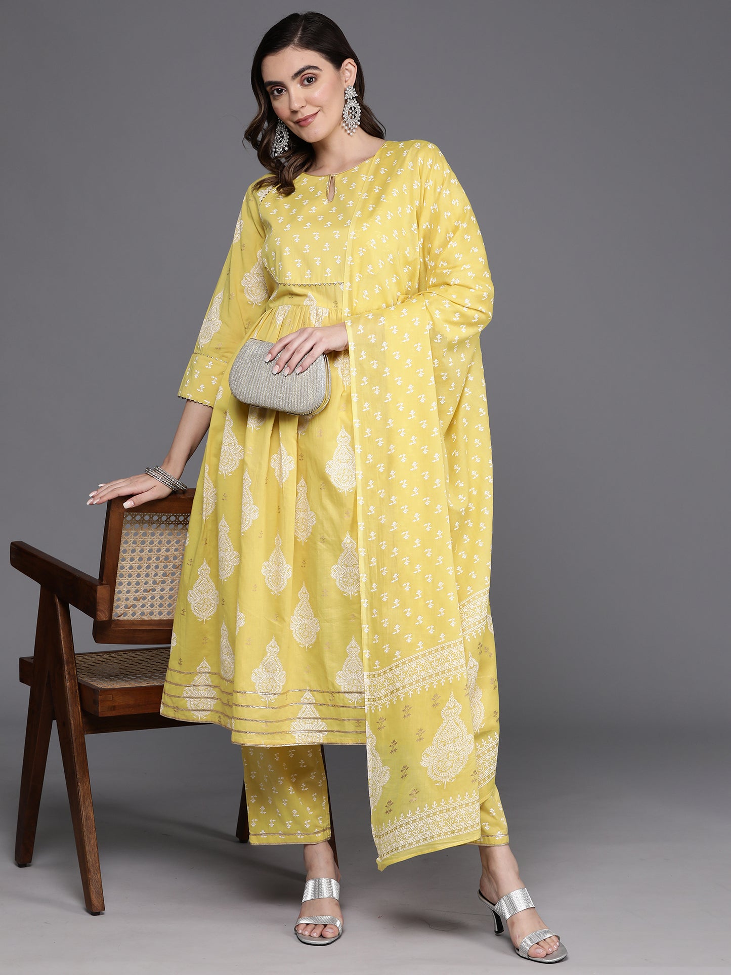 IE Yellow Printed A-Line Kurta Trousers With Dupatta Set