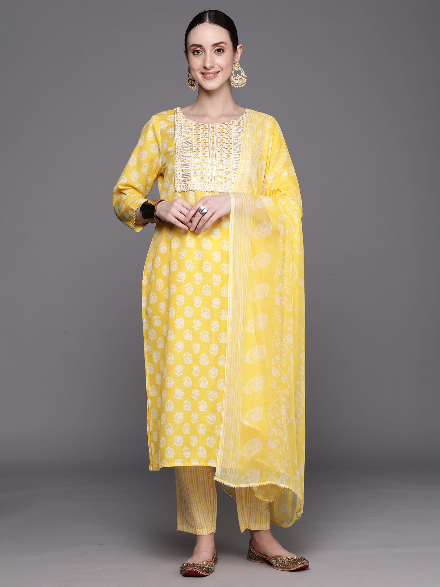 IE Yellow Printed Straight Kurta Trousers With Dupatta Set